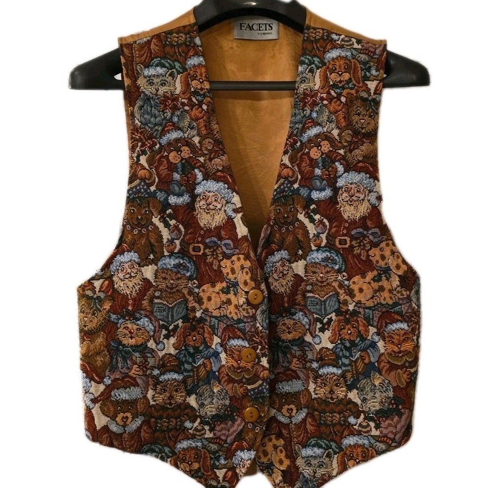 Vintage 90s Cute Cat Dog Santa Christmas Print Tapestry Vest Women Large